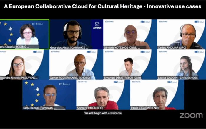 Screen shot of speakers for webinar on HORIZON-CL2-2025-01-HERITAGE-03 call: “A European Collaborative Cloud for Cultural Heritage – Innovative use cases” held on Monday 30th June
